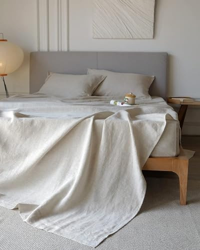 XZ XIFA Linen Bed Sheets Full Size, 100% Washed French Flax Organic Linen Sheets, Breathable and Cooling Sheets for Hot Sleepers Queen Sheet Set(1 Flat Sheet, 1 Fitted Sheet, 2 Pillowcases)