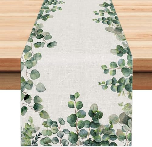 Eukalyptus Frühling Tischläufer Grünes Blatt Tischlaufer Sommer Küche Waschbar Esstisch Dekoration Tischdecke für Drinnen und Draußen Urlaub Party Wohnzimmer Dekor 40x180cm