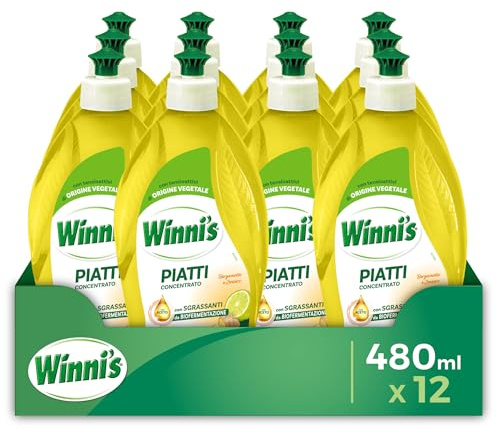 Winni's - Detersivo Piatti e Stoviglie a Mano, Bergamotto e Zenzero, Concentrato, Ipoallergenico, con Sgrassanti Naturali da Biofermentazione, Materie Prime di Origine Vegetale, 480 ml x 12 Confezioni