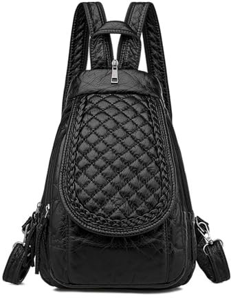 HUAZHIMAO Small Backpack for Women,Soft Washed PU Leather Mini Backpacks Ladies Waterproof Travel Black Rucksack Handbags with Multiple Zipper Pockets