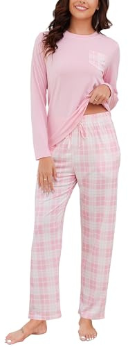 Reliwel Dampyjamas, lång, av bomull, rutig pyjamas för kvinnor, tvådelad, nattkläder, långärmad tröja och rutiga pyjamasbyxor med fickor, sovkläder, fritidsoverall för höst och vinter, ROSA, S