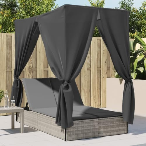 LAPOOH Doppel-Sonnenliege mit Dach und Vorhängen Hellgrau Poly Rattan, Gartenliege, Liegestuhl, Sonnenstuhl, Sonneninsel Outdoor, Liegen, Gartenmöbel, Bäderliege, Relaxliege - 368077