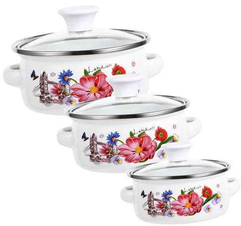 SHOWERORO 3pezzi Pentola Smaltata da Cucina Due Manici Pentola per Zuppa e Pasta Fondo Piatto per Riscaldamento Uniforme per Stufati e caffè
