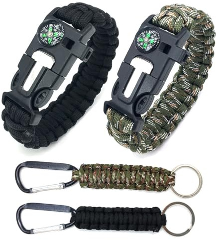 FIMWOLZ 2 Pcs Pulsera de Supervivencia con Flint Brújula y Silbato Pulsera Paracord Multifuncional Incluye 2 llaveros de cuerda para Senderismo y Montañismo Accesorio de Supervivencia