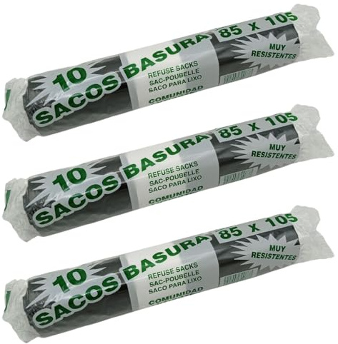30 Bolsas de Basura Extra Grandes y Resistentes Antigoteo de 100-120 Litros | Para Cubo Grande | Cubo Comunidad 85x105 cms | Tamaño XXL | Color Negro (3 Rollos x 10 Bolsas)