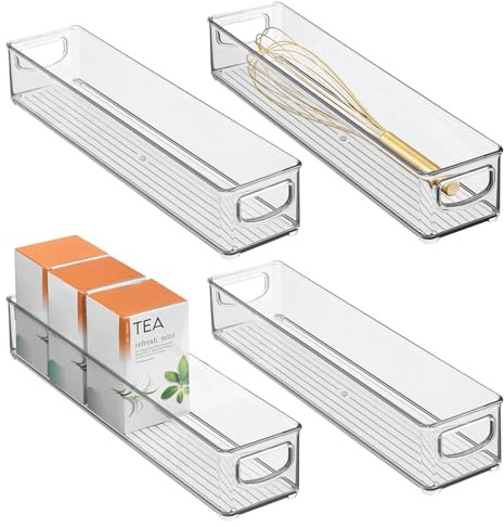 iDesign Slim Clear Plastic Storage Bin, Extra Long Narrow, 4-Pack