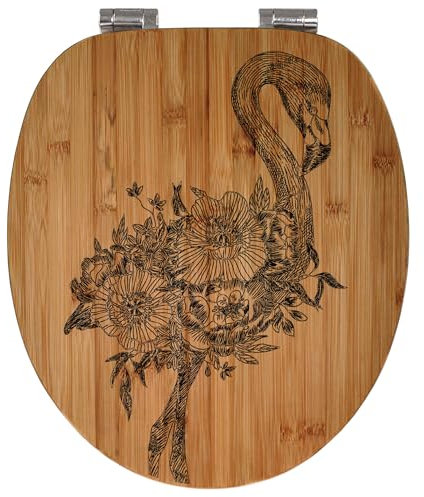 banjado® Hochwertig gravierter Design WC Sitz Bambus Absenkautomatik Flamingo Blumen/Toilettendeckel mit Absenkautomatik Holz/Bambus Klodeckel/WC-Sitz für alle gängigen Toiletten
