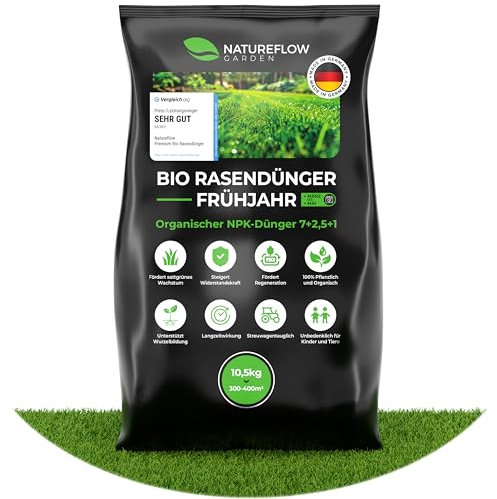 Bio Rasendünger Frühjahr & Sommer TESTSIEGER Made in Germany – 10,5kg für 400qm - Organischer Rasendünger Bio für gesunden Boden & sattgrünen Rasen - Dünger Rasen, Frühjahrsdünger Rasen