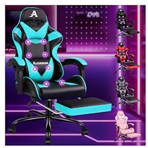 ALFORDSON Gaming Stuhl Massage Gamer Sessel, ergonomischer Bürostuhl, Schreibtischstuhl, Neigungswinkel 150°, höhenverstellbarer Computerstuhl, 180 kg bis, Einziehbare Fußstütze, PU-Leder,Cyan