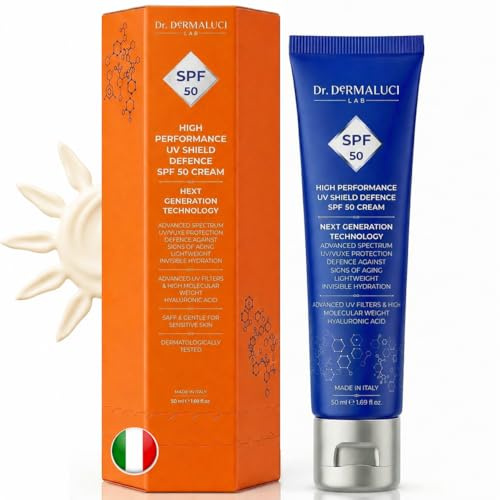 Dr. Dermaluci Lab Crema Solar Facial SPF 50 Filtros Nueva Generación 50ml - Protección UVA/UVB Fotoestable - Sin Película Blanca - Ácido Hialurónico, Vitamina C+E - Pieles Sensibles - Italia