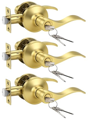 KNOBWELL 3 Pack Keyed Entry Door Handle with Lock and Key, Gold Door Knob for Front/Entrance/Bedroom, Reversible for Left and Right