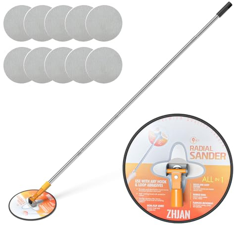 ZHJAN Drywall Pole Sander with Extension Pole, 360° Rotation Radial Round Wall Sander with 10 PCS Sanding Sheets (80/100/120/180/240Grit), Pole Sanding Tool for Painted Walls and Ceilings