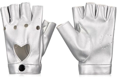 Sintege Punk Half Gloves Women Punk Belt Finger PU Leather Half Finger Performance Hollow Out Fingerless Gloves(Silver)