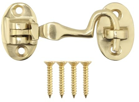 EAI Cabin Hook and Eye Latch | Heavy Duty 50mm / 2 Inch Silent Polished Brass Hook and Eye Latch | 1 Pack with Fixings