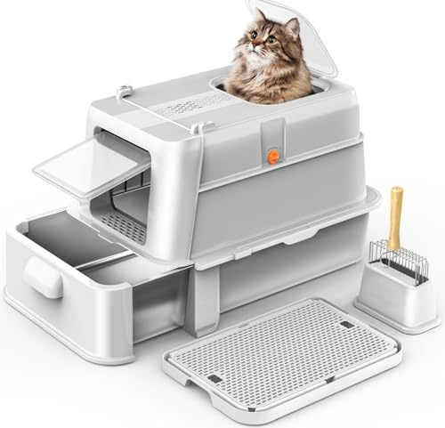 HEGGCOOE Katzenklo Edelstahl mit Deckel XL, Großes Katzenklo mit Schublade, Geschlossene Katzentoilette mit Einstieg Vorne & Oben, Schaufel, Filterpedal, Reinigen und Geruchskontrolle-Hellgrau