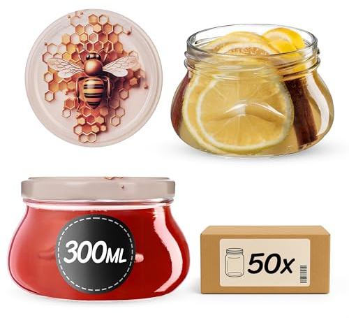KADAX Lot de 50 bocaux en verre 300ml Ø82 – Couvercle Twist-Off hermétique TO82 – Pour confitures, conserves, cornichons, miel & fermentation