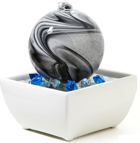 Zimmerbrunnen Wasserfall, Tisch Indoor Brunnen mit Keramiksockel, Dekoratives Wasserspiel aus Glas, für Zuhause, Büro, Schlafzimmer, Meditationsraum(Black)