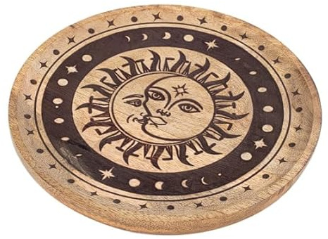 Grimalt Plateau Rond en Bois Artisanal 22cm – Gravure Lune & Soleil – Plateau de Service et Décoration Originale