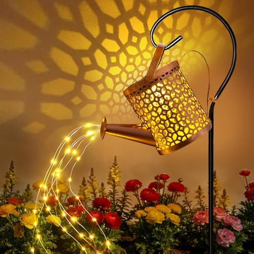 Ollny Solar Watering Can with Cascading Lights Outdoor Garden Ornaments | LED String Light Waterproof Dual Mode Hanging Lantern Outside Pathway Decor, Women Mum Grandma Birthday Gifts (Honeycomb)