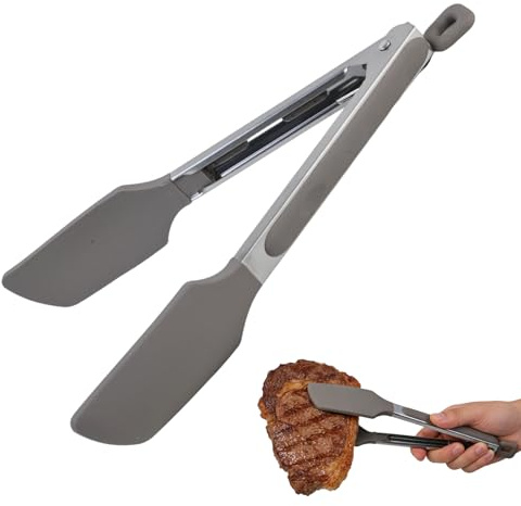 Pinzas de Cocina de Silicona Resistentes al Calor, Pinzas Barbacoa Tenazas Cocina con Cierre de Acero Inoxidable, Limpia Fácil Ahorra Espacio Buen Agarre Tamaño para Freidora Ensalada Comida, Gris