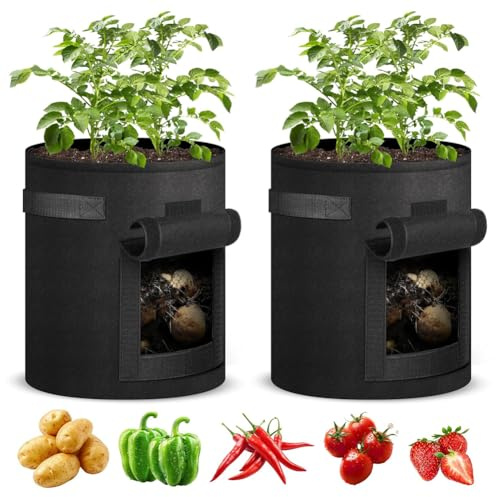 Kartoffel Pflanzsack, 2PCS Kartoffelanbaubehälter, 40L ExtrastarkesTomaten Kübel,mit Sichtbarer Klappe und Griffen, Garten Pflanzbeutel für Gemüse, Kartoffel, Garten für Tomaten-Schwarz-35*45CM