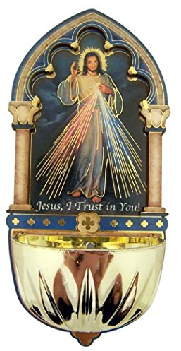 Religious Gifts - Divine Mercy Gold Embossed Laser Cut Wood Multi-Dimensional Holy Water Font, 5 Inch