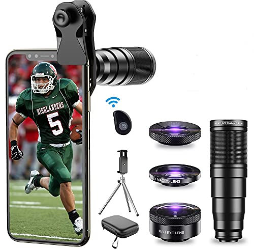 Apexel Phone Lens Kits, 4 IN 1 Camera Lens Kits-22x Telephoto Lens/205°Fisheye Lens/120°Wide Angle Lens&20x Macro Lens/Tripod and Remote Shutter for iPhone Samsung,Huawei,Xiaomi and most smartphone