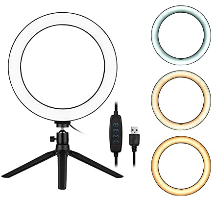 LED ring light, standing desk lamp with tripod, 3 lighting modes for video recording, webcasting, real-time makeup for makeup Vlog photography (10 inches)