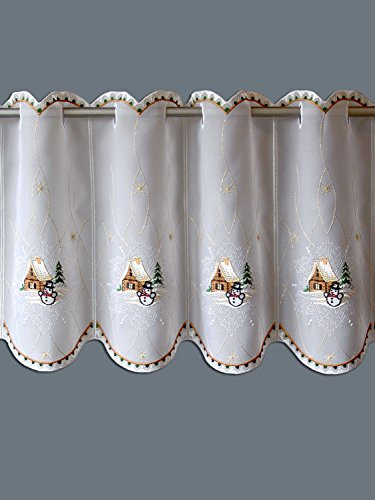 SeGaTeX home fashion Weihnachtsgardine Schneemann am Häuschen Winter-Scheibengardine aus Plauener Spitze (35 x 160 cm)