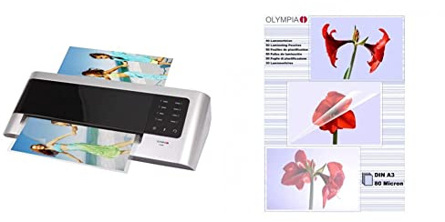 Olympia A 3048 Laminiergerät DIN A3 schnell (Frontloader - Rücklauffunktion - Heiß- und Kaltlaminieren), Laminiermaschine mit 4 Rollen & Laminierfolien DIN A3, 80 Mikron, glänzend, 50 Stück, 9174
