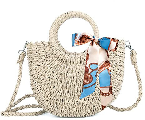 Right 20 Sommer Stroh Handtasche Damen Handgewebte Tasche, Sommer Strandtasche Cross Body böhmische handgefertigte Mini Stroh Einkaufstasche Damenhandtasche (Weiß)