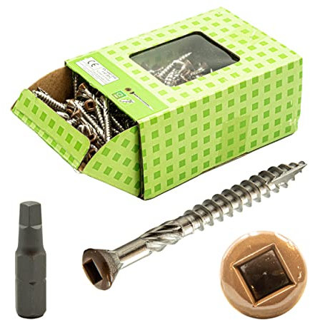 Viti per terrazze, 5 x 60, in acciaio inox C2, testa marrone, 200 pezzi + bit, viti per facciata