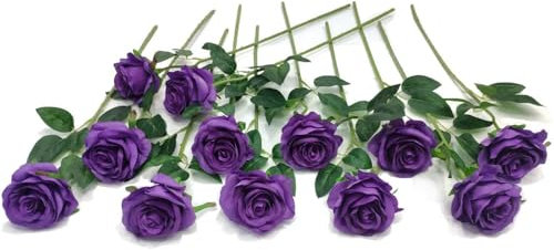 Laelfe 12 Pcs Large Purple Roses Artificial Flowers, 53 cm Single Long Stem Faux Silk Purple Flowers Fake Roses for Wedding Bridal Bouquet Home Party Arrangment Hotel Grave Decorations