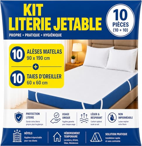 Kit Literie Jetable – 10 Alèses Jetables Matelas 90x190 cm et 10 Taies Oreiller 60x60 cm – Lit 1 Place - Non Imperméable – Housse - Protection Literie à Usage Unique