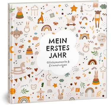Mein erstes Jahr Babyalbum - Hochwertiges Babytagebuch mit Prägung für die schönsten Erinnerungen - Erinnerungsbuch zum Eintragen für das erste Lebensjahr - Baby Geschenk zur Geburt: Boho Spielzeug