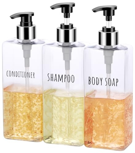 Segbeauty Seifenspender, 3 Stück 500 ml Seifenspender Set mit Etiketten für Shampoo Conditioner Body Soap, Shampoo Flaschen zum befüllen für Küche und Bad, Transparent