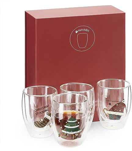 Navaris 4X Bicchieri in Vetro Borosilicato - Set Bicchieri Natalizi Design Unico - Soffiati a Mano a Doppio Strato - caffè tè Bevande Calde - Capienza 350m - Ø 8 x 11 cm