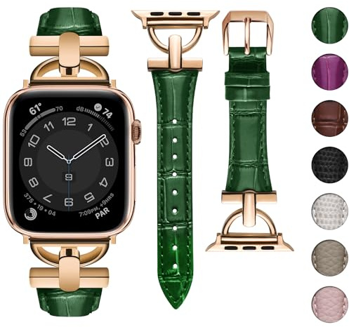 wutwuk Compatible avec Bracelet Apple Watch 42mm(S11/10)/41mm/40mm/38mm Boucle Métal en Forme de D Cuir Véritable Bracelet iWatch pour iwatch SE 3/2/1 Séries 11/10/9/8/7/6/5/4/3/2/-Vert+Or Rosé