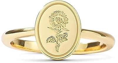 Drawelry Damen Sterling Silber Ringe:18 Karat Vergoldete Mohn Sonnenblum Blume Gravierter Siegelring für Frauen Minimalistisch Minimalistisch Schmuckgeschenk für Mädchen (58（18.5）, Gold-2)