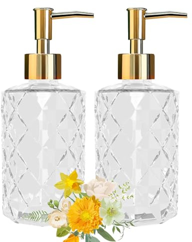 Soap Dispenser - 2 Pack, Clear Diamond Glass Refillable Hand Soap Dispensers, Hand and Dish Soap Dispenser, Soap Bottles with Gold Pump, Lotion Dispensers for Kitchen, Bathroom 330ml/12oz (Gold)