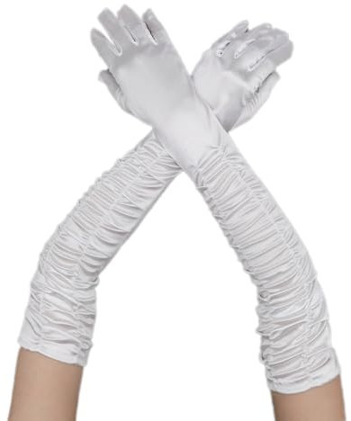 Wambere Damen Lang Handschuhe Satinhandschuhe Abendhandschuhe Opernhandschuhe Sexy Hochzeitshandschuhe für Mädchen Frauen Halloween Karneval Cosplay Teeparty Maskeradeparty Party Kostüm,Weiß