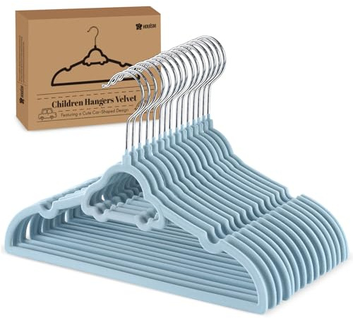 Non-Slip Velvet Hangers for Baby to Teenager 32.5cm - Car-Shaped Space Saving Childrens Closet Organizer (Set of 15)