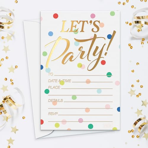 Sweetzer & Orange S&O Set of 25 Polka Dot Party Invites -Happy Birthday Invitations for Adult & Kids, Happy Day Decor Sheets with Envelopes for Boys & Girls - 4”x6 Cute Invite Cards