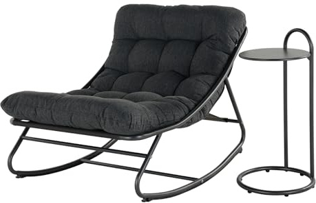 Silla mecedora Grand patio con mesa auxiliar, silla de salón de jardín con cojín desmontable resistente al agua para adultos, para patio, jardín, sala de estar, capacidad de peso de 150 kg, gris