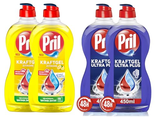 PRIL Kraftgel-Set 2x Ultra Plus & 2x Zitrone, Handgeschirrspülmittel-Set mit höchster Fettlösekraft, für sauberes Geschirr auch in kaltem Wasser, 4x 450ml