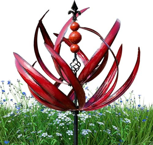 Harlow Garden Wind Spinner | Metal Wind Sculptures Spinners | Outdoor Yard Wind Spinners Stakes | Rotatable Metal Windmill | Red Wind Sculptures For Garden Lawn Yard Art Decor