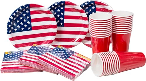 HEKU Party-Einweg-Set, 120-teilig amerikanische Flagge I Inklusive Pappteller mit Motiv, Partybecher (0,473l) & Servietten (33x33cm) I Ideal für Partys & Veranstaltungen