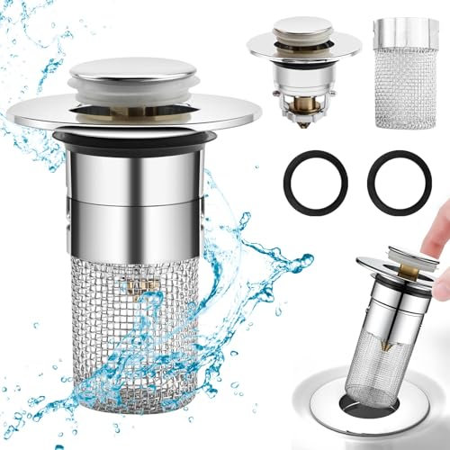 Pop Up Waschbeckenstöpsel mit Sieb, Waschbecken Abflussstopfen mit Haarsieb, Universal Pop Up Abflusssieb aus Rostfreiem Edelstahl Spülbecken Stöpsel mit Abflusssieb für 34-40mm Abfluss Ablauf