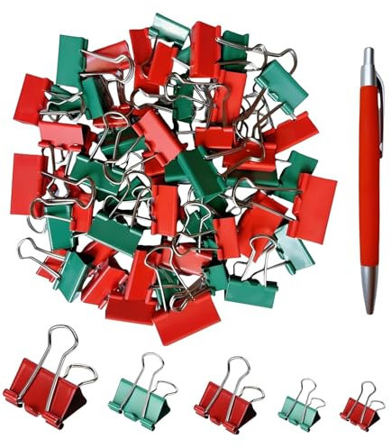 LGIFUTMAX® Foldback Klammern 32mm/25mm/19mm Rot Grün,Büroklammern Papierklammern metall Binder Clips Foldbackklammern Klein 65 Stück,Vielzweckklammern für dokumentenklammer Bürobedarf,mit 1 x Kuli