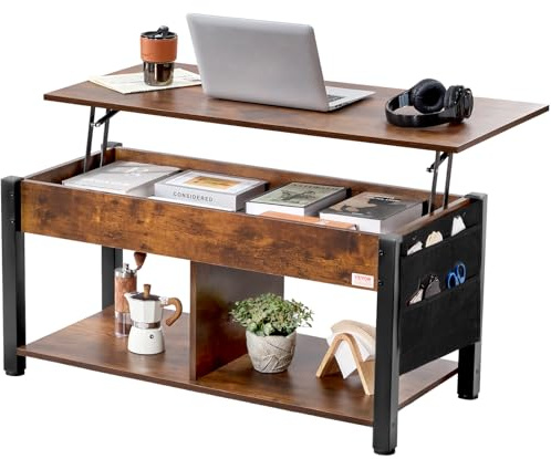 VEVOR Lift Top Table, Rectangle Coffee Table with Storage Pockets, Pop Up Table for Living Room, Brown